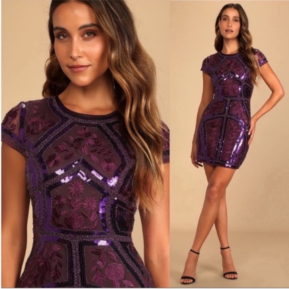 Plum Purple Art Deco Sequins Bodycon Dress 🌿 - Picture 5 of 11